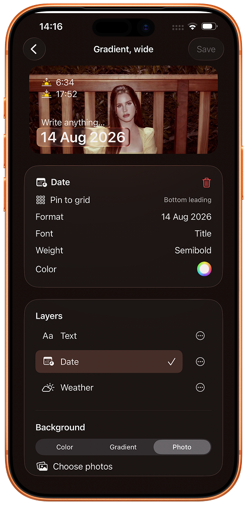 The Pomelo editor on iPhone, showing the Date layer's settings above a list of the widget's layers