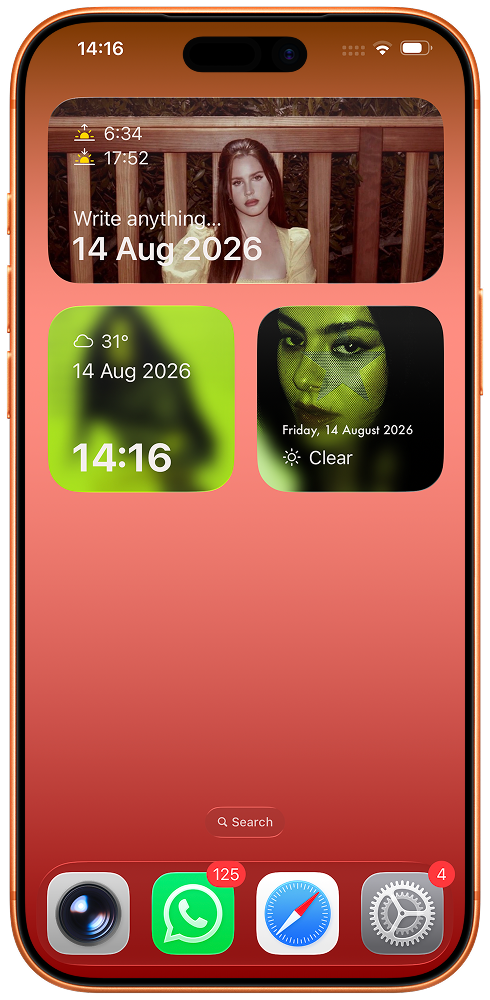 An iPhone Home Screen with a wide photo widget and two smaller Pomelo widgets below it