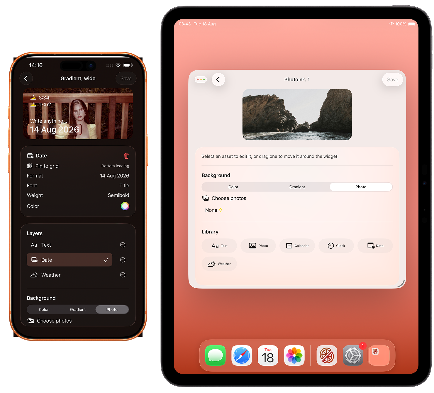 An iPhone and an iPad side by side, each showing a widget being built in the Pomelo editor